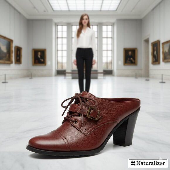 Naturalizer 9.5 Buckle Mule Leather Lace Brazil Brown Durable Well-made Preppy - Picture 1 of 6
